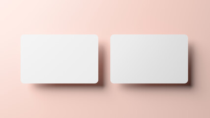 Blank credit card mockup front and back over a neutral background in realistic 3D rendering. Rounded corners business card mock up for design template