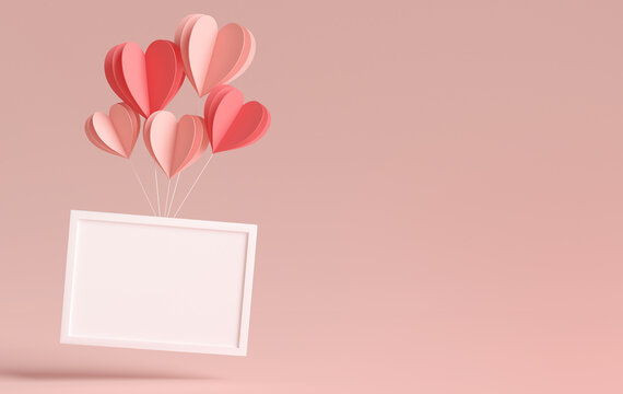 Horizontal white photo frame mockup floating with paper hearts and copyspace for Valentines day in 3D rendering. Elegant illustration wedding image template