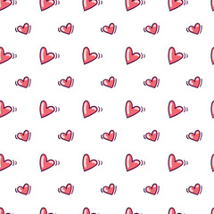 Seamless pattern with red hearts in doodle style on white background