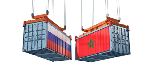 Freight containers with Russia and Morocco flag. 3D Rendering 