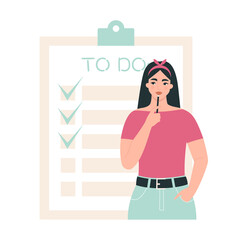 Checklist, to do list, productivity concept. Woman holding a pencil and marking done tasks on a clipboard. Girl planning daily routine, organizing work and time. Isolated flat vector illustration