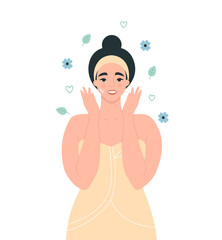 Obraz na płótnie Canvas Skin care routine. Young cute smiling woman in a towel using a facial cream or mask. Morning beauty rituals at home, self care concept. Isolated flat vector illustration with a female character