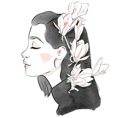 Girl with magnolia illustration. Fashion portrait - 408110572
