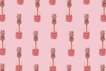 Pattern with Tropic flower Dwarf Ornamental Pineapple in glass vase. Fashionable modern new bouquet for beloved.