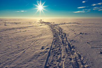 Bright winter sun over sea covered with ice and snow