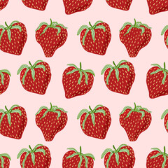 Flat style seamless pattern of strawberries. Trendy vector wallpaper with hand drawn strawberry on pink. Infinite background concept for package, wrapper, stationery, cover, textile, fabric, web.