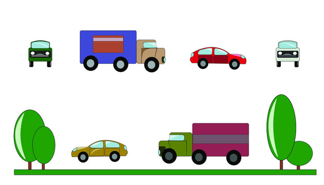 Urban space. Urbanism. Vehicles, motorcycles, truck, car, bus, tram. Vector isolated images.