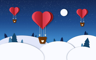 Romantic illustration in winter paper cut. Heart air balloons fly in the night sky. Valentine day design. Paper craft. Vector illustration with heart balloon, night, forest, stars and moon.