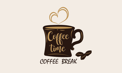 "Coffee time." "Coffee break." Stylized coffee mug with the inscription.