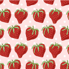 Flat style seamless pattern of strawberries. Trendy vector wallpaper with strawberry and polka dots on pink. Infinite background concept for package, wrapper, stationery, cover, textile, app, web.