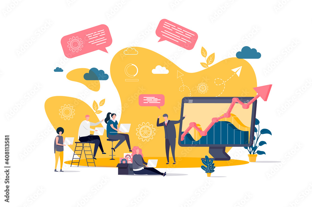 Aufkleber Business training concept in flat style. Businessman making presentation with charts to his colleagues scene. Career development banner. Vector illustration with people characters in work situation.