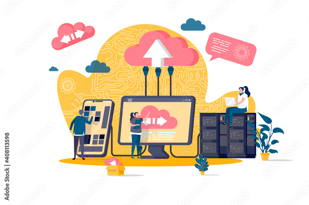 Leinwandbilder cloud computing concept in flat style. it specialists administrate cloud storage scene. hosting plat