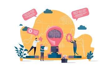 Brainstorming concept in flat style. Creative team generate and development business project scene. Innovation solution, new startup launch. Vector illustration with people characters in situation.