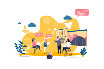 Business meeting concept in flat style. Business team discussing project with charts scene. Partnership and teamwork collaboration banner. Vector illustration with people characters in work situation.