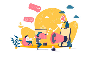 Digital marketing concept in flat style. Marketers team doing market research scene. Business analytics and customer targeting web banner. Vector illustration with people characters in work situation.