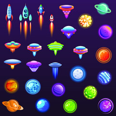 Set Abstract Collection Unidentified Flying Object Alien Ufo Planets SpaceShip Logo Vector Icon Symbol