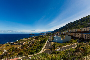 Aerial view of Garachico village on the coast of Atlantic ocean in Tenerife island of Spain