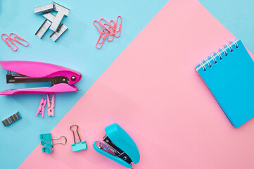 Stapler and paper clips closeup, stationery