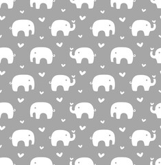 Elephants and hearts seamless pattern design. Heart and elephant print for kids and baby fabric or paper in white and grey.