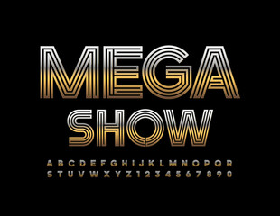 Vector event flyer Mega Show. Gold creative Font. Maze style Alphabet Letters and Numbers set