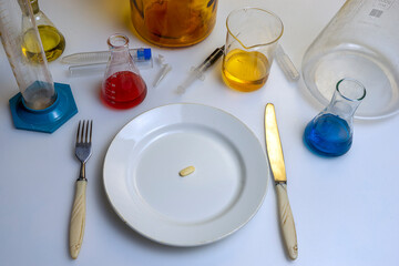 Tablet on a plate, next to a fork and a knife on the laboratory table. Unhealthy food concept.