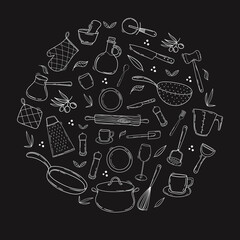 Hand drawn collection of kitchen utensils and tableware. Line art on a chalkboard background. Doodle Cooking equipment in circle shape 