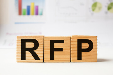 a word RFP on wooden cubes. business concept. business and Finance