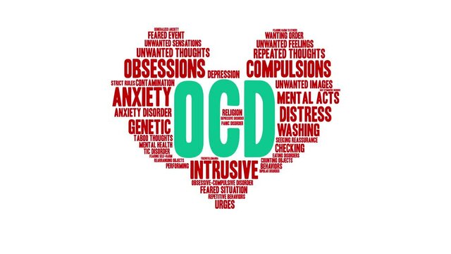 OCD animated word cloud on a white background.