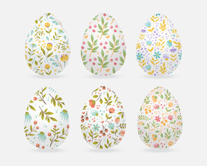 Easter eggs collection with floral ornament on white background