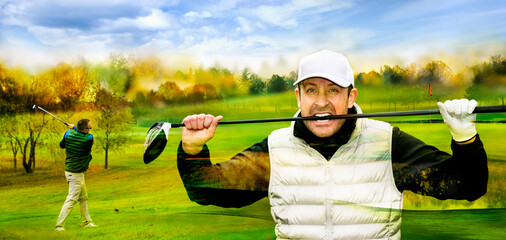 Close up portrait of gritty golf player biting his golf-club. Golf course with golf player in the...