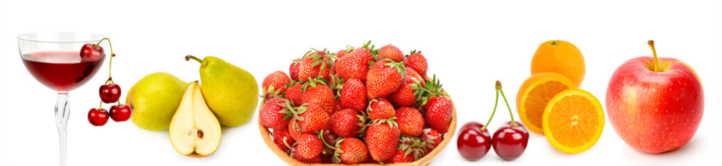 Collection fresh Fruits isolated on white . Panoramic collage. Wide photo with free space for text.