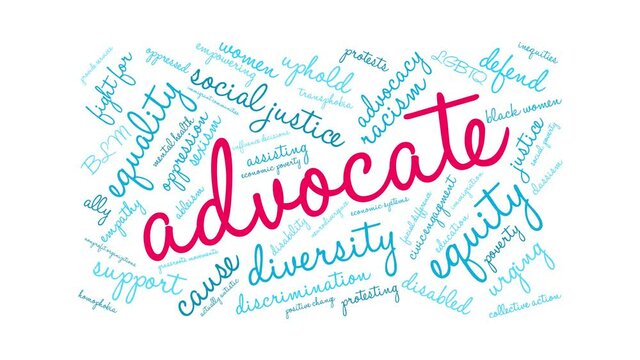 Advocate animated word cloud on a white background.