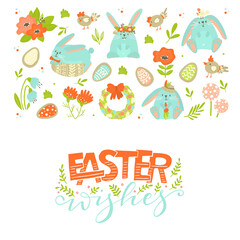 Easter holiday vector elements. Cookie eggs, chicken, rabbits