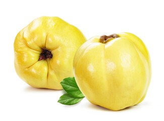 yellow ripe quince  in group with leaves  isolated white background.jpg