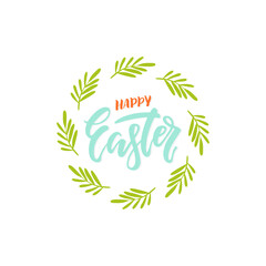 Easter wreath with holiday lettering and branches on white background