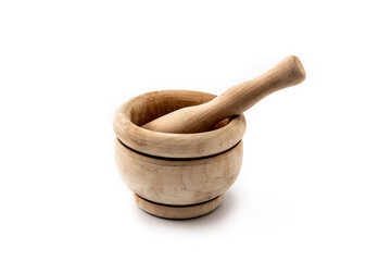 Wooden mortar and pestle isolated on white background