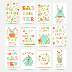 Set of six Easter cards with cookie eggs, flowers, rabbits, basket and lettering