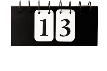 Close up view of calendar with selected date 13 isolated on white background. 