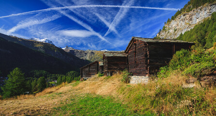 Wooden hut house in the swiss alps wallis, switzerland blue sky matterhorn alps, alpine old landscape