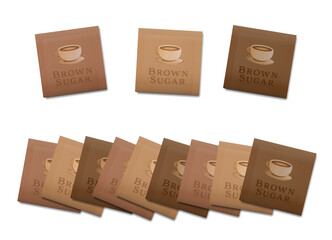 Brown sugar sachets, fake product paper packets. Isolated vector illustration on white background.
