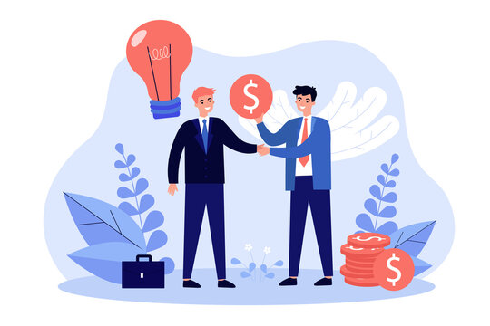 Angel Sponsor Investing Money In Startup. Investor Giving Financial Support To Entrepreneur, Buying Ideas. Vector Illustration For Business, Investment, Funding Concept