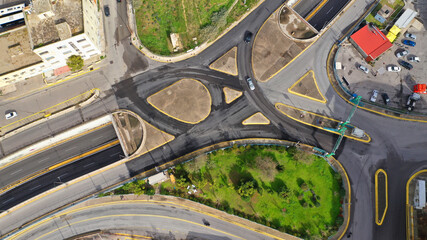 Aerial drone top down photo of intersection road in port of Piraeus Attica, Greece
