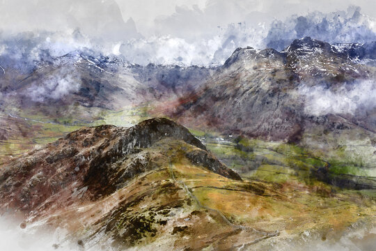 Digital watercolor painting of Stunning landscape image of Langdale pikes and valley in Winter with dramatic low level clouds and mist swirling around