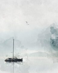 Fototapeta premium Digital watercolor painting of Beautiful peaceful image of sailing boat on Derwentwater in Lake District on a Winter morning