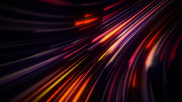 Speed of digital lights, neon glowing rays in motion into digital technologic tunnels. 3d abstract neon background, red rays, glowing lines, virtual reality. 3D render, 4k loop animation