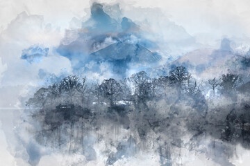 Digital watercolor painting of Dramatic landscape image looking across Derwentwater in Lake District towards Catbells snowcapped mountain with thick fog rolling through valley