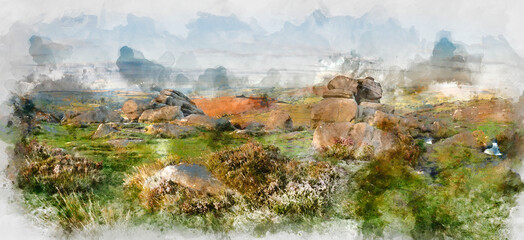 Fototapeta premium Digital watercolor painting of Epic colorful landscape view of late Summer heather in Peak District around Higger Tor at sunrise