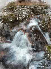Digital watercolor painting of Epic landscape image of Buachaille Etive Mor waterfall in Scottish highlands on a Winter morning with long exposure for smooth flowing water