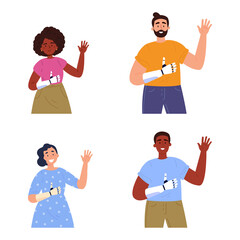 Disabled women and man presents a prosthesis.Young people with artificial limbs isolated cartoon character on white background. Advertising concept. Vector flat style cartoon illustration.