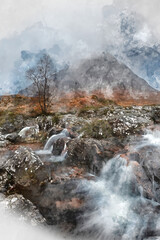 Digital watercolor painting of Epic landscape image of Buachaille Etive Mor waterfall in Scottish highlands on a Winter morning with long exposure for smooth flowing water